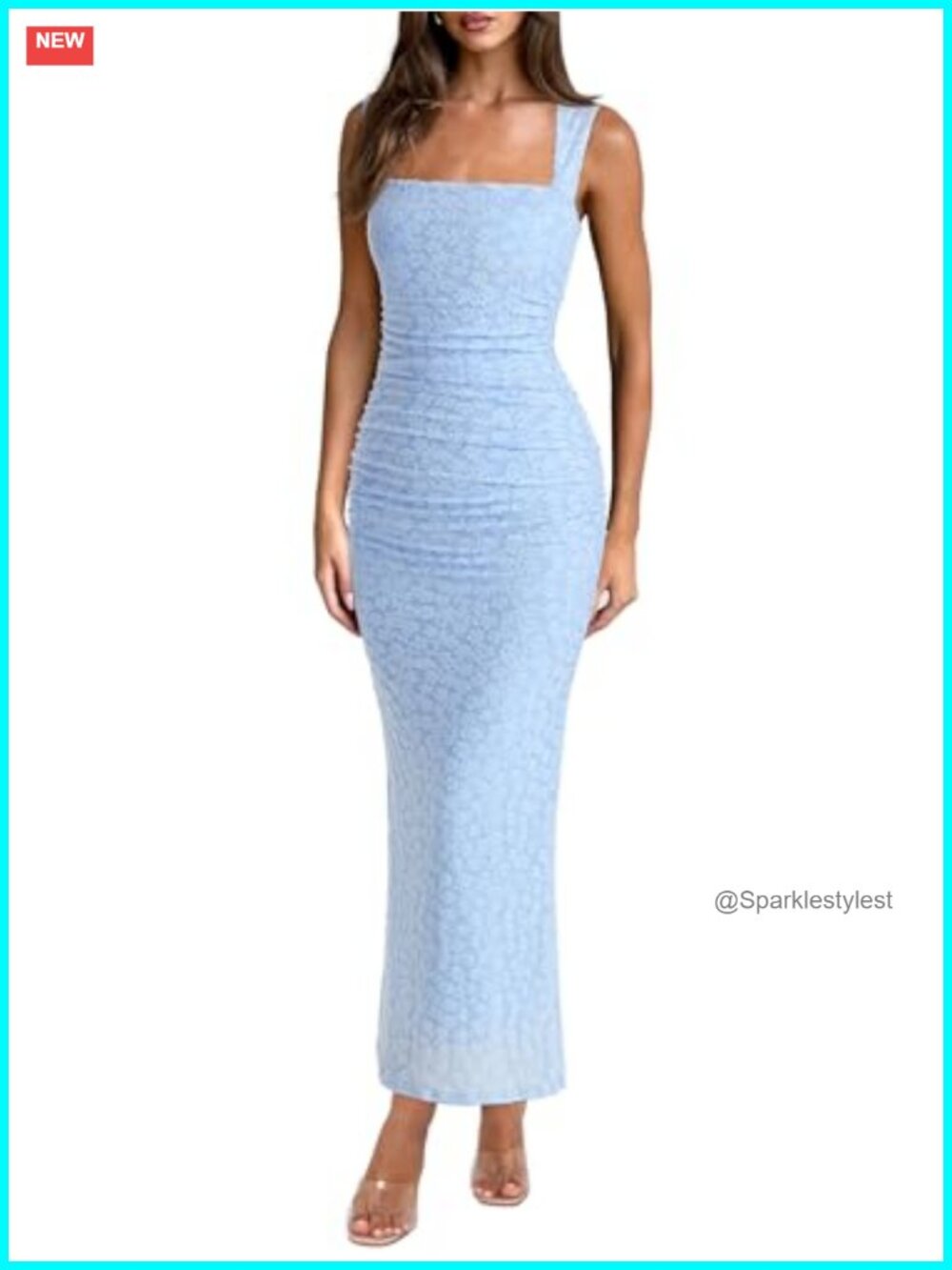 Square Neck Sleeveless Mesh Maxi Dress Polyester Spandex Ruched